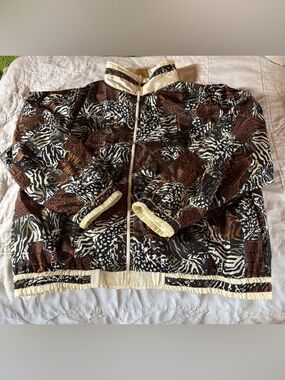 VTG ARGEE PLUS AOP Animal Print Full Zip Wind Breaker Sz 1X Ivory Safari Zebra